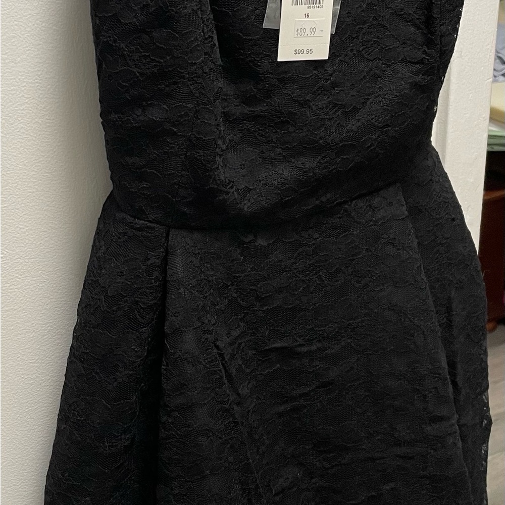 Dress: Black Lace, lined, full skirt area, jeweled belt. Size 16 New-Tag, $50.